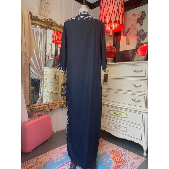 vintage 1960s black cotton embroidered kaftan 60s loungewear maxi dress med - Picture 8 of 10